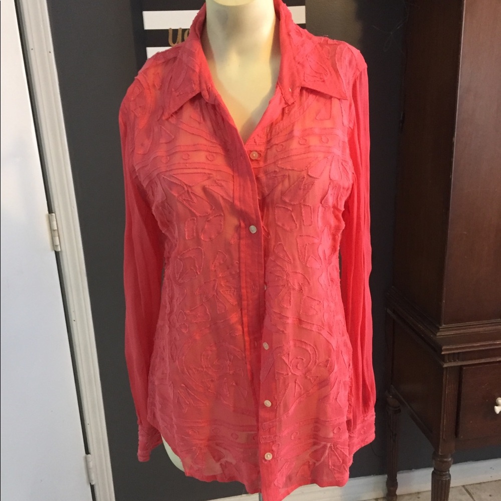 Lucky brand coral sheer button down blouse size m